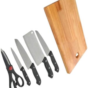 PANKTI ENTERPRISE®Wooden Chopping Board with Knife Set and Scissor, 6 Piece Stainless Steel Kitchen Knife Knives Set with Knife Scissor, Knife Sets-...