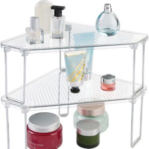 mDesign Corner Plastic/Metal Freestanding Stackable Organizer Shelf for Bathroom Vanity Countertop or Cabinet for Storing Cosmetics, Toiletries, Facial...