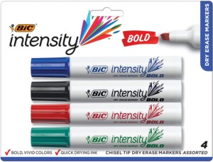 BIC Great Erase BOLD Dry Erase Marker, Tank Style, Chisel Tip, Assorted Colors, 4