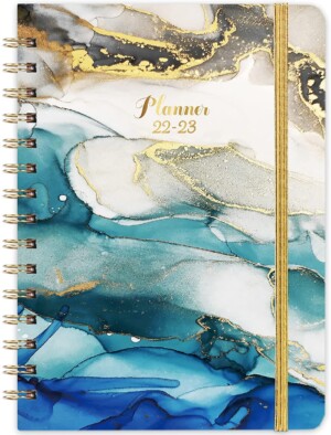 Weekly and Monthly Planner Flexible Hard Cover with Thick Paper, Elastic Closure, Inside Pocket - Colorful Marble