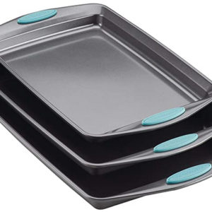 Rachael Ray Bakeware Nonstick Cookie Pan Set, 3-Piece, Gray with Agave Blue Grips