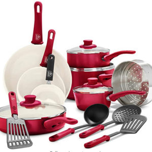 GreenLife Soft Grip Healthy Ceramic Antiadhésif, batterie de cuisine, casseroles et poêles, 16 pièces, rouge