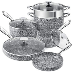 Batterie de cuisine en pierre MICHELANGELO 10 pièces, ensemble de casseroles et poêles ultra-antiadhésives avec revêtement dérivé de la pierre, ensembles de batterie de cuisine, ensemble de casseroles et poêles en pierre, casseroles et poêles en granit - 10 pièces