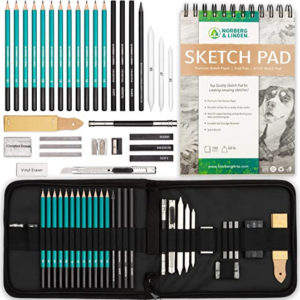 Norberg & Linden XL Drawing Set - Sketching, Graphite and Charcoal Pencils. Includes 100 Page Drawing Pad