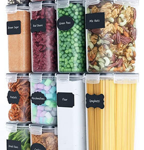 Ensemble de contenants hermétiques pour la conservation des aliments [14 pièces] - Organisation et stockage du garde-manger de la cuisine, sans BPA, bidons en plastique avec couvercles durables, idéal pour les céréales, la farine et le sucre - Comprend des étiquettes, un marqueur et un ensemble de cuillères (14)