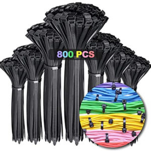 روابط كبل سوداء شديدة التحمل 800 قطعة ZipTie 4 + 6 + 8 + 10 + 12 بوصة مغلفة التعادل GRUOIZ 40 رطلاً أسود صغير Zip Ties أحجام متنوعة من النايلون الممتاز 66 روابط سلكية قابلة لإعادة الاستخدام للداخل والخارج