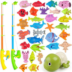 AUUGUU Magnetic Fishing Game Water Toy - 2 Fishing Poles, 1 Wind Up Swimming Turtle and 30 Colorful Magnetic Fish