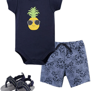 Hudson Baby Unisex Baby Cotton Bodysuit, Shorts and Shoe Set