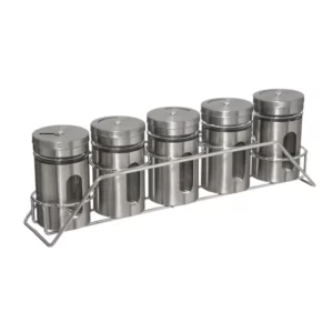 Rack with 5 stainless steel spice jars