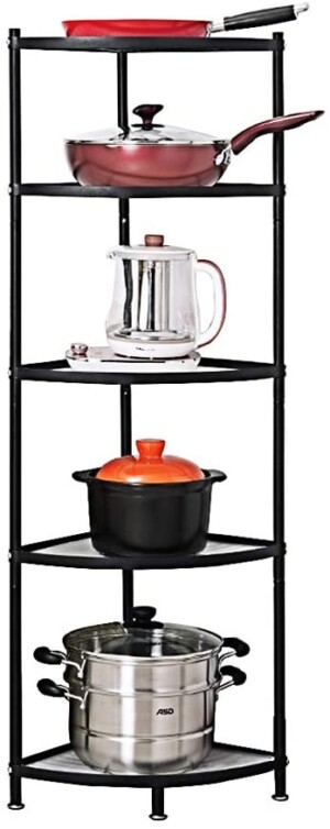 Kitchen Corner Shelf Rack Stand Height Adjustable Storage Rack Countertop Pot Holder Rack Stackable Multi-Layer Freestanding Metal Storage Pot Rack, Black (5-Tier)