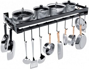 KES Pot Rack Wall Mounted 75CM with 14 Hooks Hanging Pot Rack Pan Hanger Kitchen Wall Storage Matte Black
