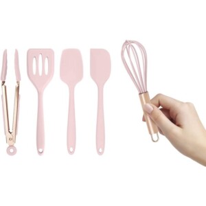 Cook With Color Set of Five MINI Kitchen Utensil Set , Silicone Kitchen Tools, tong, spoonula, slotted spatula, spatula and whisk (Pink Collection)