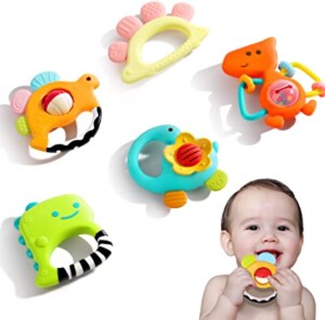 iPlay, iLearn Baby Rattle Set, Soothing Teether, Infant Dinosaur Rattle Toys, Hand Grab and Spin Shaker, Teething Sensory Toy, Newborn Shower Gifts for 3 6 9 12 Month Toddlers Boys Girls