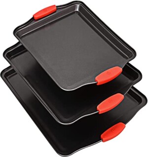 Baking Sheets for Oven Nonstick Cookie Sheet Set - 3 Piece Steel Bakeware Set with Red Silicone Grips Cooking Tray Non Stick Half Sheet Pan Baking Rack, Small Medium Large Trays for Cake Cookies