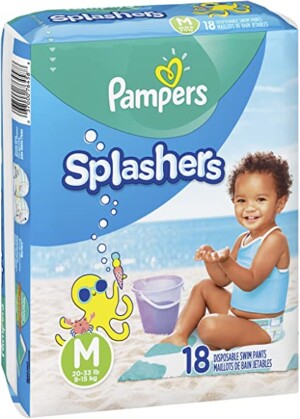 Swim Diapers Size 4 (20-33 lb), 18 Count - Pampers Splashers Disposable Swim Pants, Medium, Pack of 2