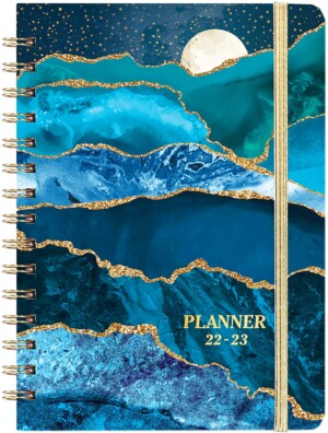 Weekly monthly planner with tabs, 6.4" x 8.5", flexible hard cover, thick binding, back pocket, elastic closure