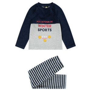 TWO-TONE VELVET PAJAMA WITH EMBROIDERED LETTERS AND SMILEY PRINTS